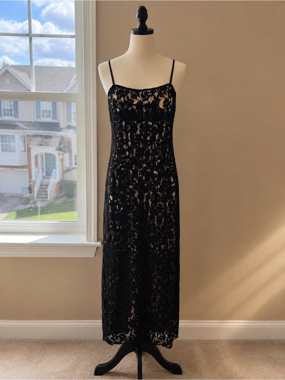 Auden Black Lace Maxi Slip Dress with Spaghetti Straps